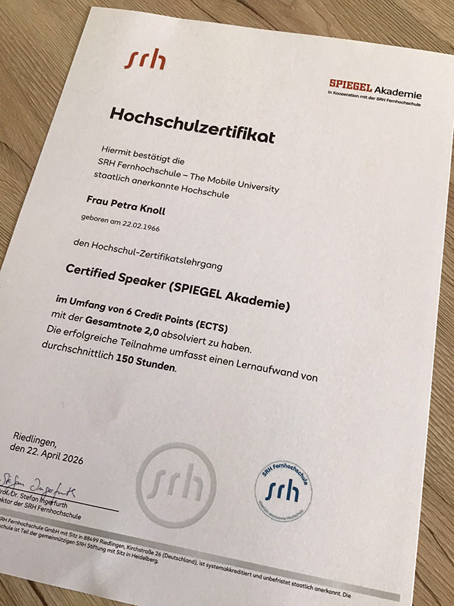 Petra Knoll - Erfolgreich absolvierter Hochschul-Zertifikatslehrgang